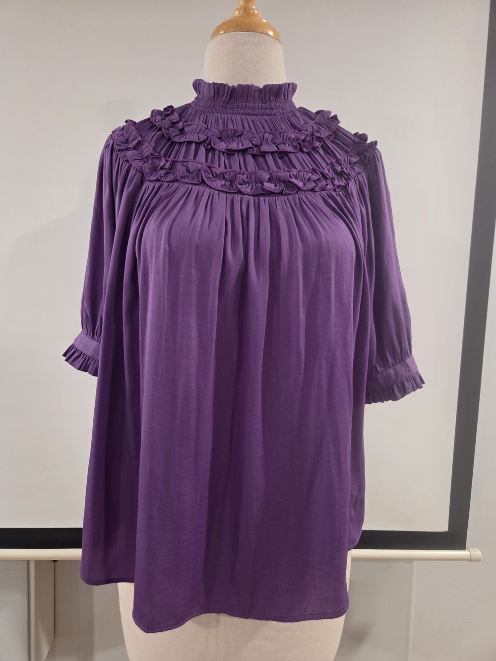 Ann Taylor Purple Ruffle-Yoke High-Neck Blouse